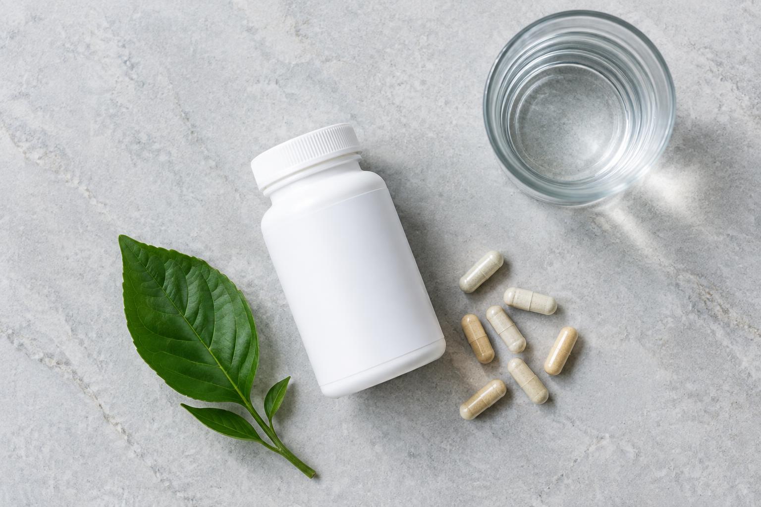 Illustrative unbranded supplement bottle, capsules, water, and a leaf, accompanying a guide to supplement label checks